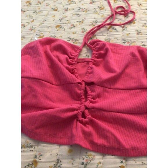 Wild Fable Women SMALL Pink Ribbed Drawstring Halter Cropped Top - NEW - Picture 3 of 3